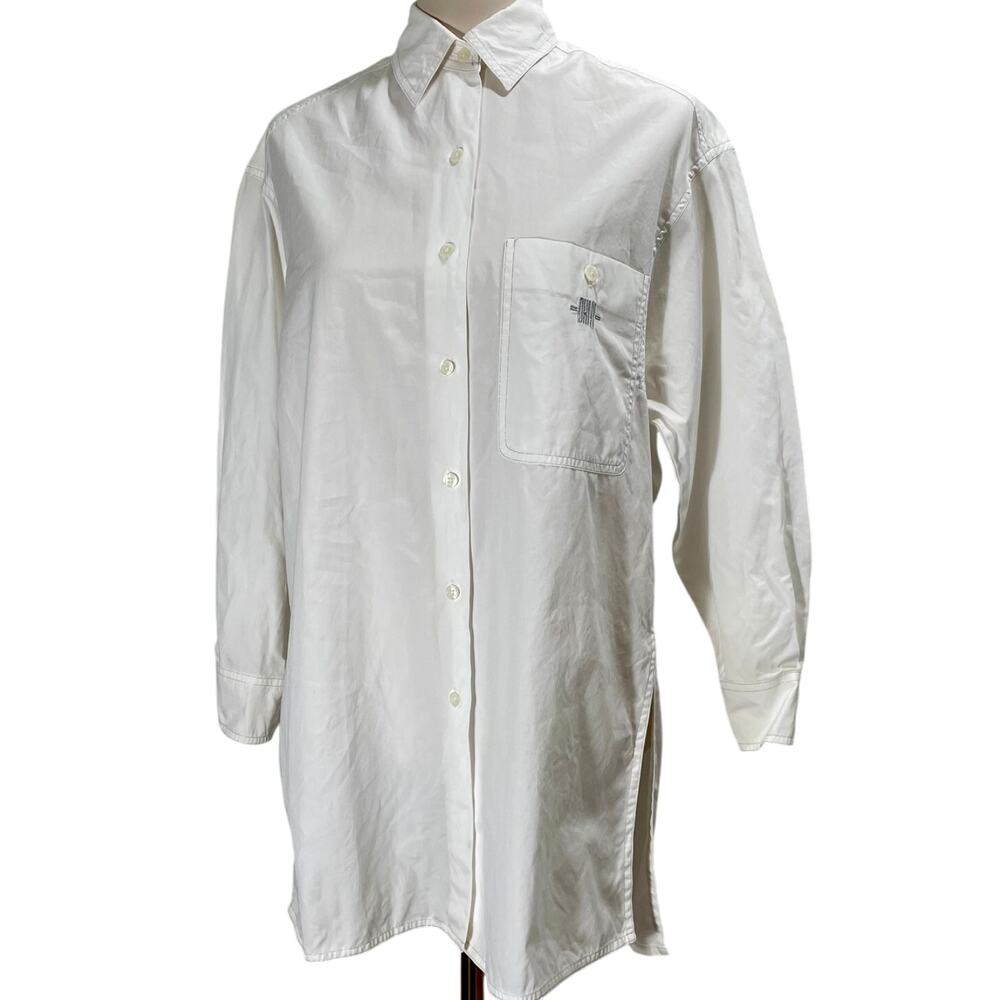 Vintage 90s DKNY White Button-Up Tunic Top Silver Contrast Stitch Size Small